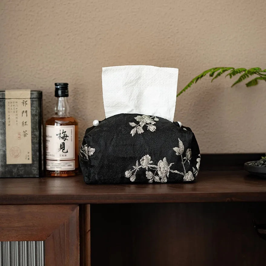 New Chinese brocade style fabric tissue box cover with white plum embroidery pattern.