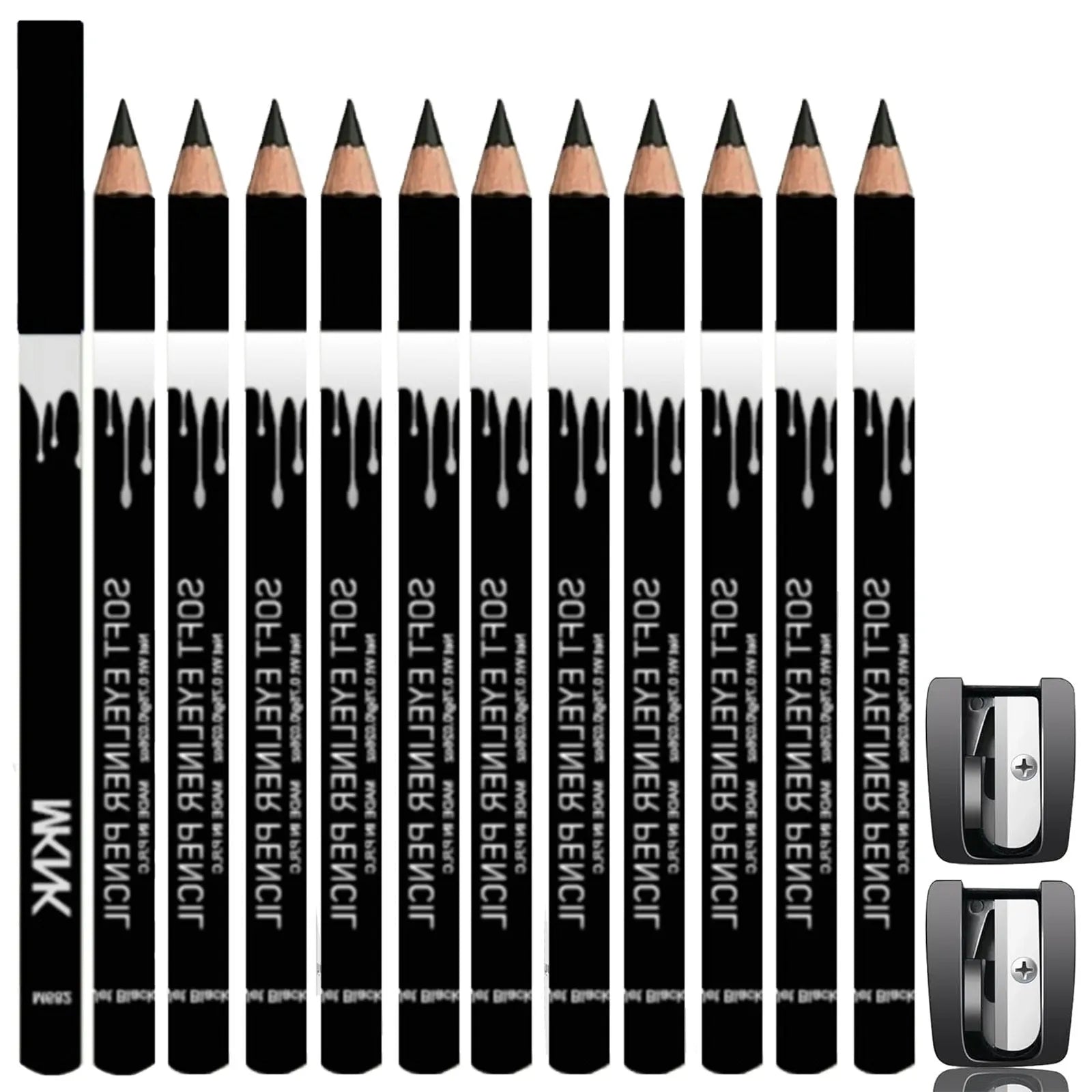12 white and black retractable eyeliner pencils with sharpener for multi-use cosmetic application