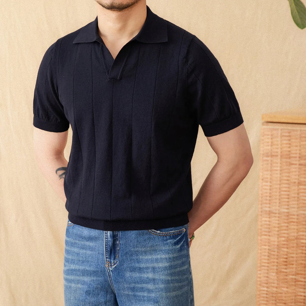Polo collar short sleeve knitted top in ramie-cotton blend fabric available in multiple colours