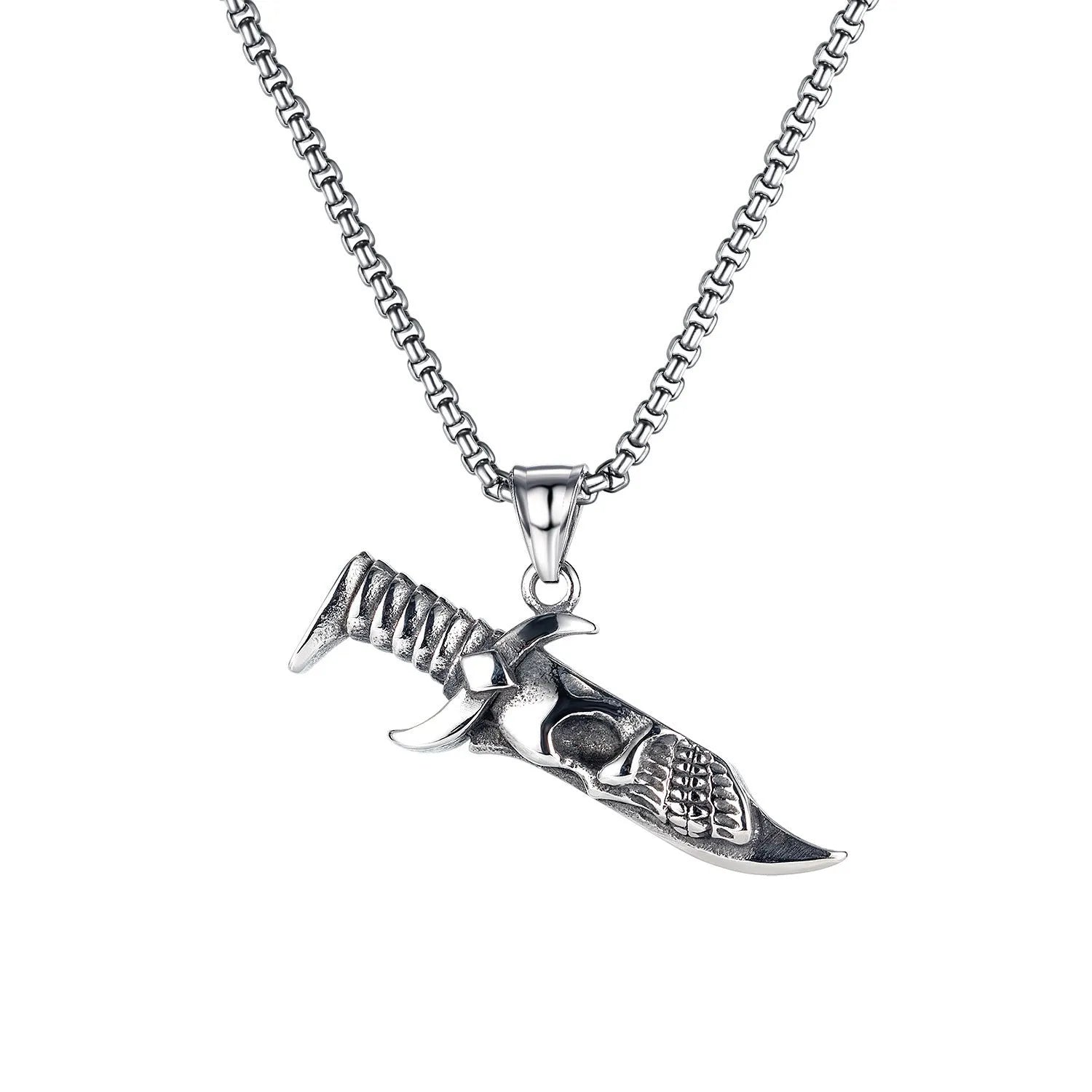 Men's stainless steel necklace with electroplated silver finish showing multiple pendant design options including skull, dagger and screw motifs