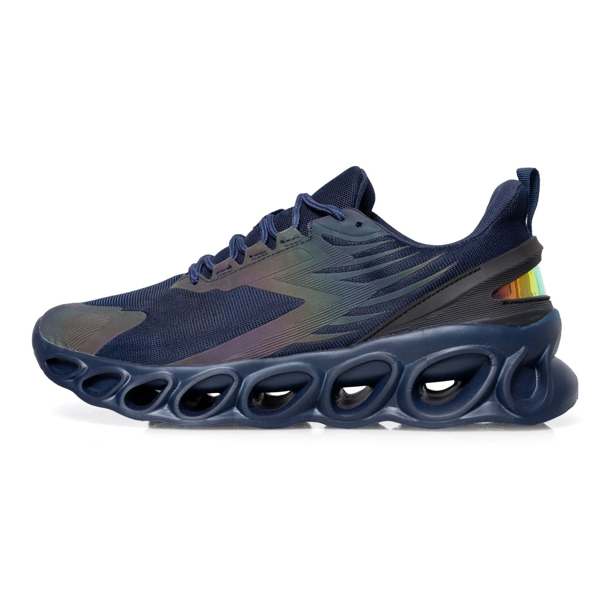 Men's black breathable casual sports shoes with mesh upper, round toe, and flat EVA sole on a white background.