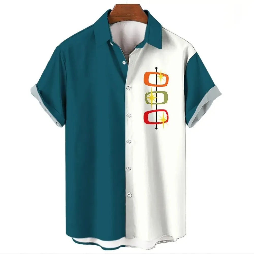 Men's striped Hawaiian shirt in polyester fabric with button-up short sleeves
