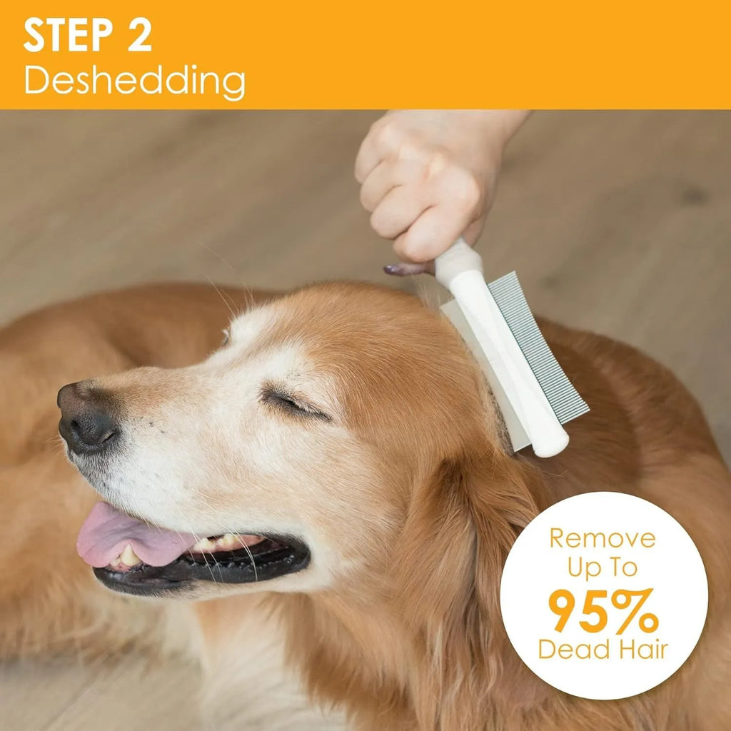 White 2 in 1 dog and cat grooming brush with curved comb and deshedding sides measuring 230mm
