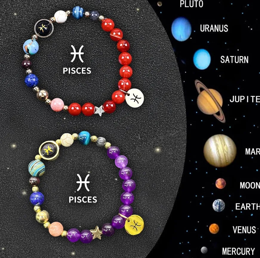 Twelve individual zodiac sign bracelets with natural stone beads and constellation charms on adjustable cords