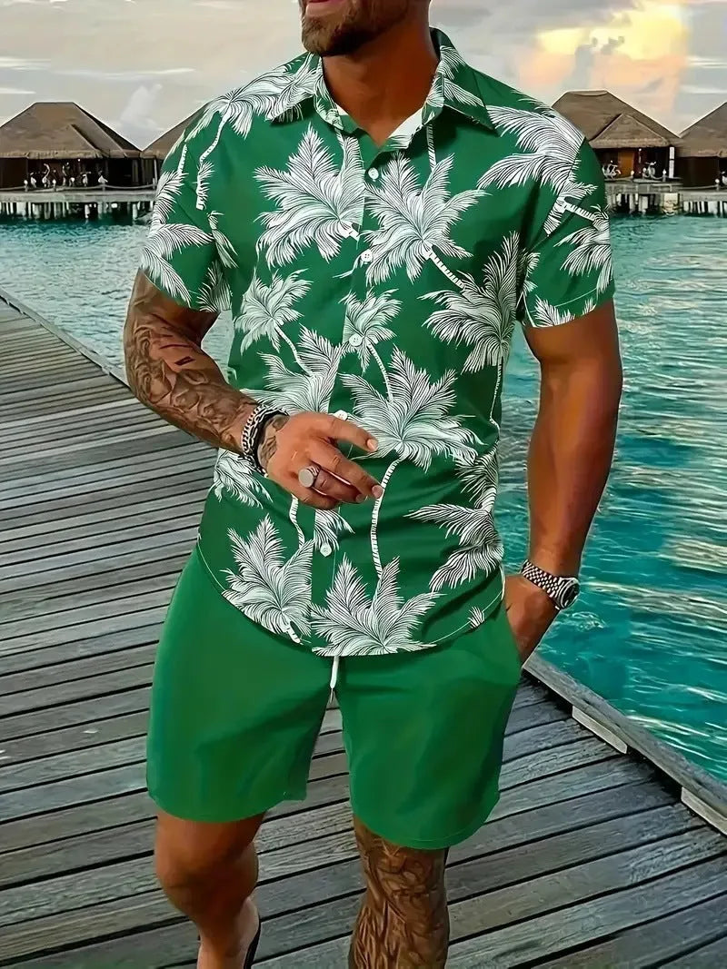 Man wearing a men's Hawaii-themed 3D printed short sleeve suit with matching shorts.