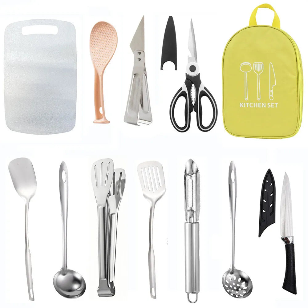 Multi-functional portable picnic kitchenware storage bag containing 12-piece stainless steel utensil set