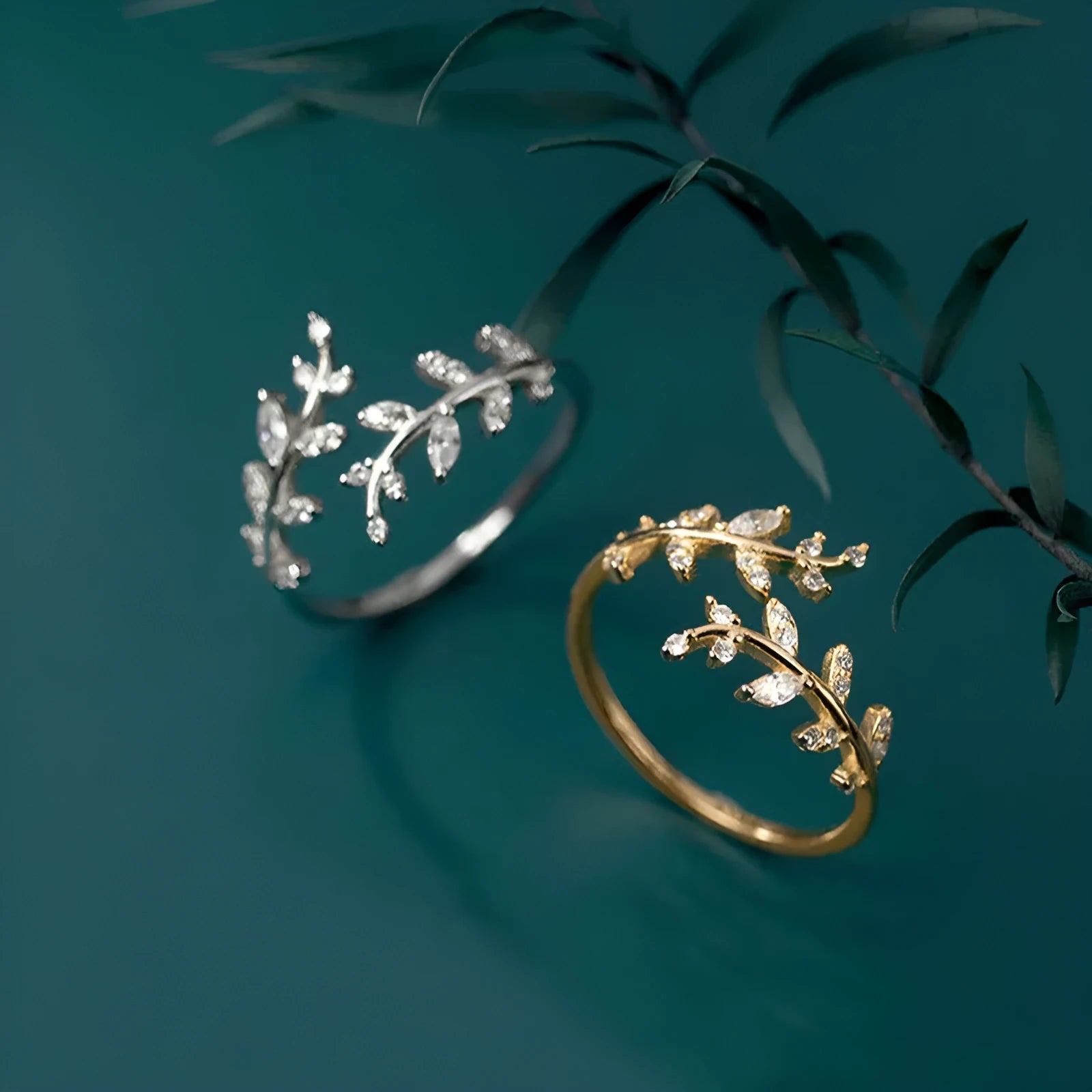 Geometric copper branch leaf ring for women in gold or silver electroplated finish.