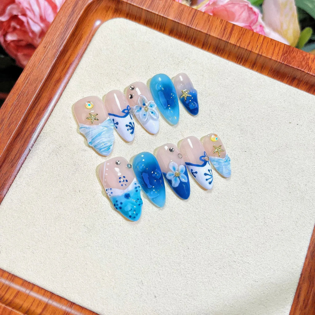 Blue hand-painted carved summer ice transparent fake nails set with plastic wearable armour