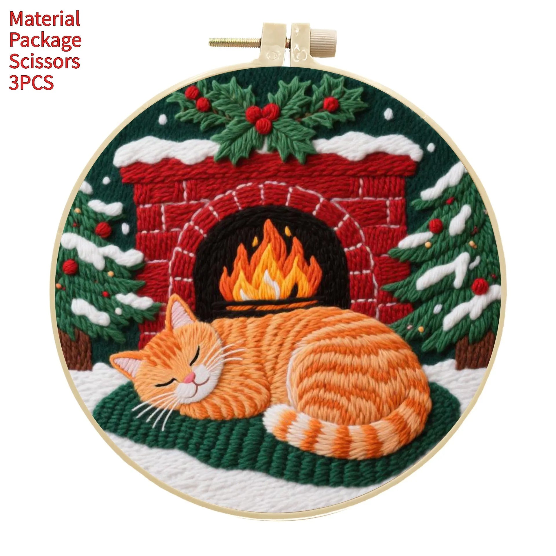 DIY embroidery material kit showing cotton linen fabric with cat and autumn fruit design, optional bamboo hoop and scissors