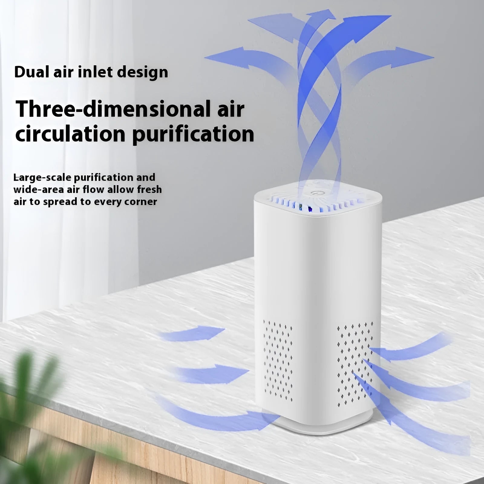 Black and white mini USB air purifier for car and home use with HEPA filter.