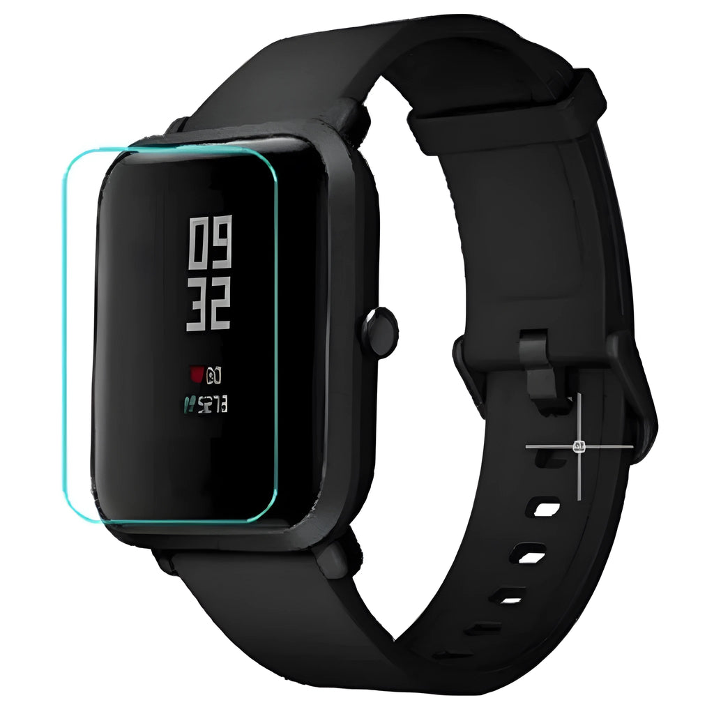 Amazfit Bip S smartwatch with applied TPU hydrogel screen protector showing full coverage