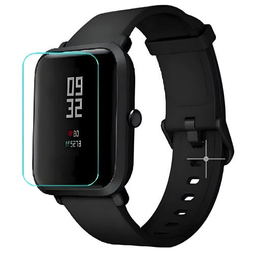 Amazfit Bip S smartwatch with applied TPU hydrogel screen protector showing full coverage