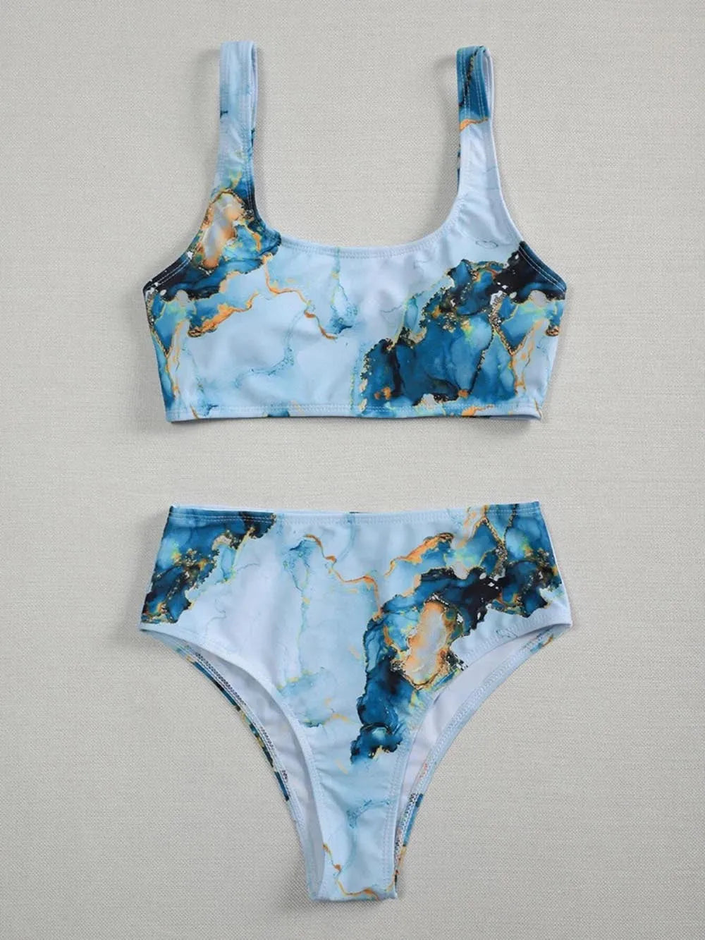 Women's marble tie-dye printed high waist bikini with U-neck design for swimming