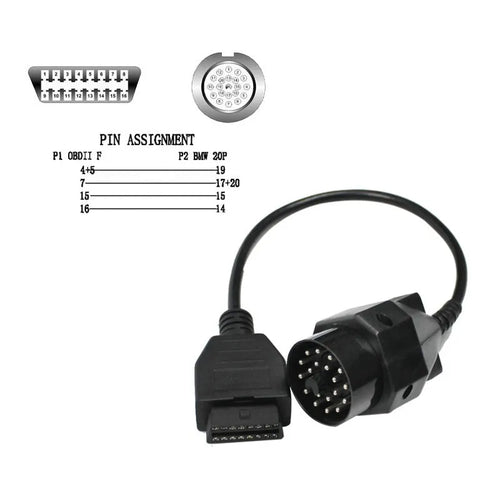 BMW OBD2 diagnostic adapter cable converting 20-pin port to 16-pin OBD2 port