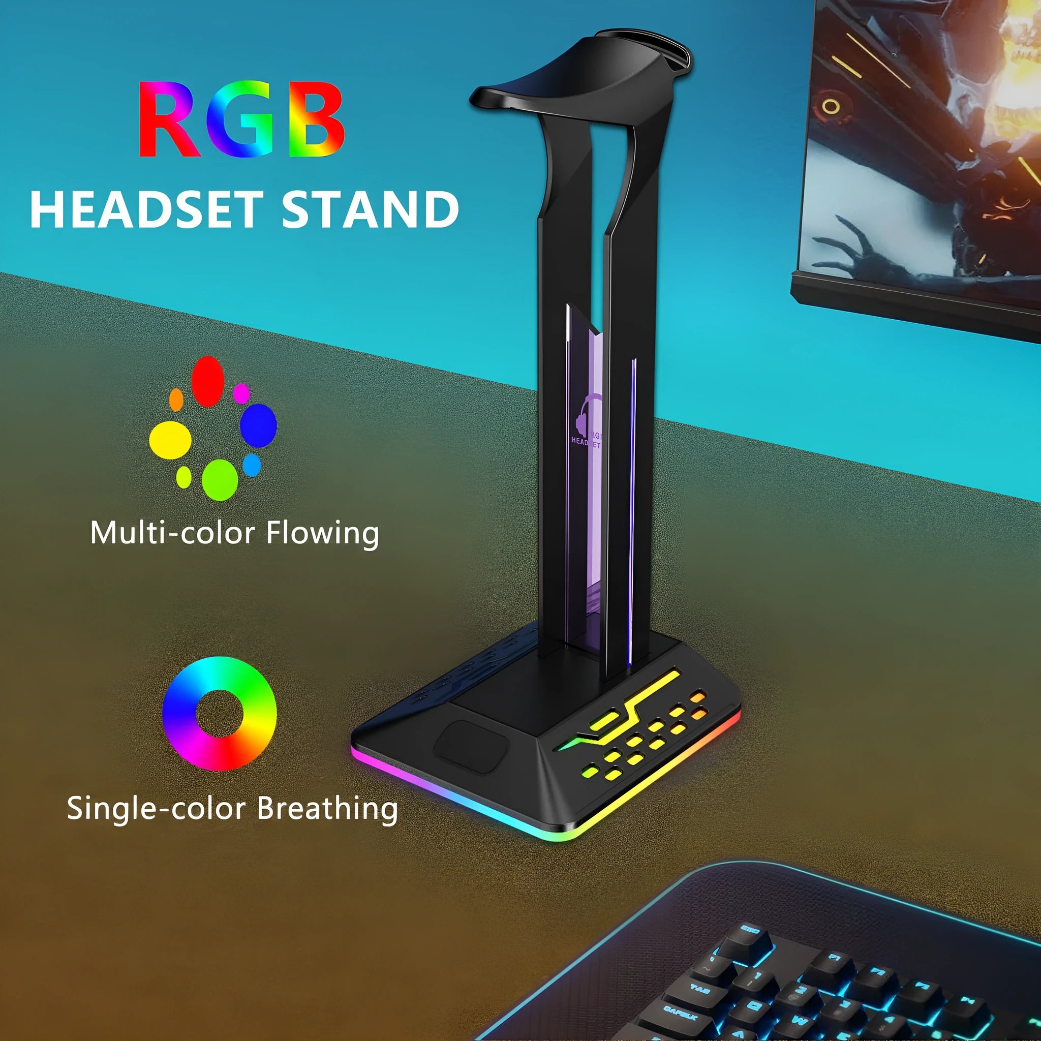 RGB colour-changing headset display bracket with dual USB ports and a 1.5-metre cable on a desk