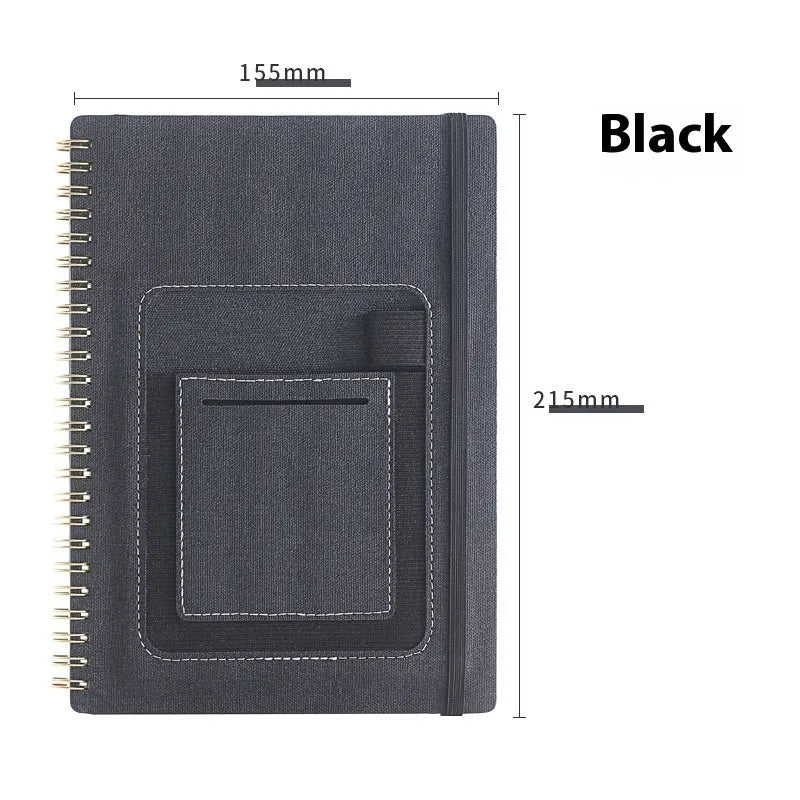 Erasable coil-bound notebook with customisable coloured cover on thick, reusable rock paper, shown with a pen.
