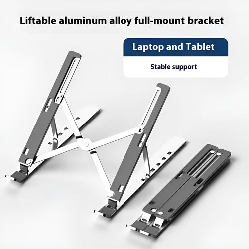 Aluminium laptop stand in silver finish supporting a laptop with improved airflow space