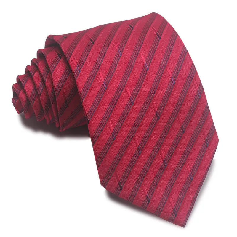 Men's red, black, and blue striped jacquard tie with an arrow shape and 8cm width.