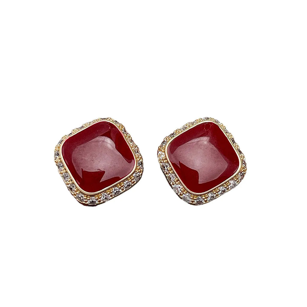 Retro red square geometric alloy earrings with seiko process finish