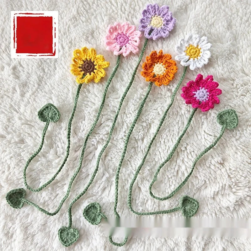Hand-crocheted wool daisy bookmark with flexible wire core in multiple colour options