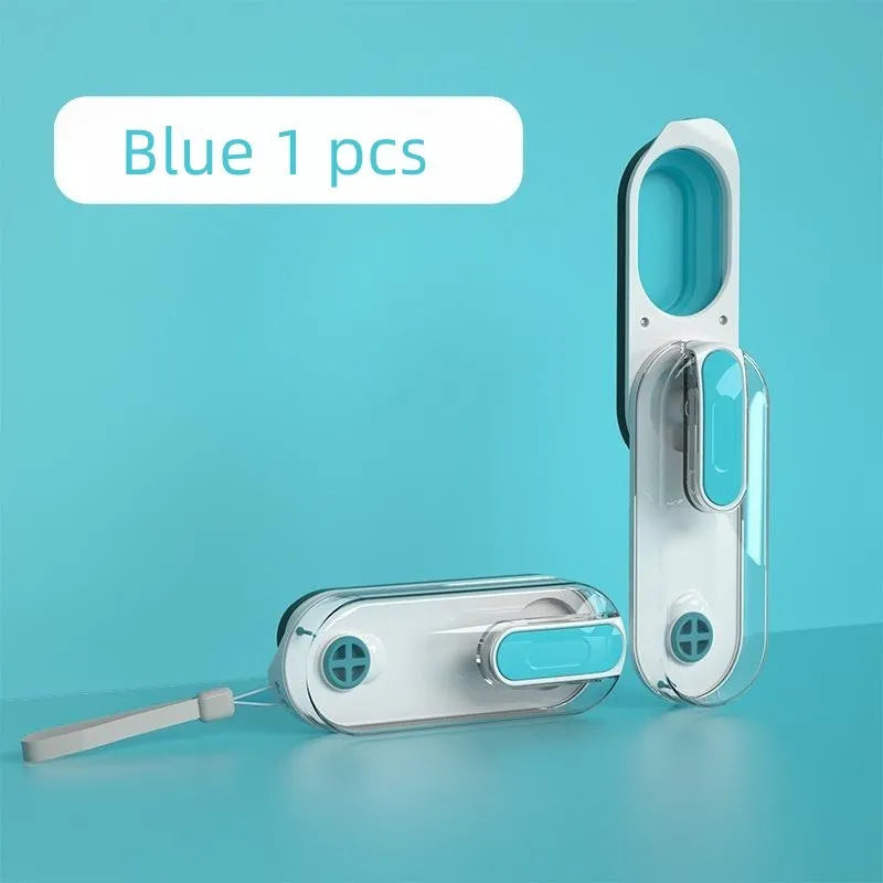 Blue folding dog water bottle with integrated drinking bowl, shown extended for use and folded for storage