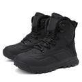Men's black high-top boots with fleece lining and lace-up front on a ribbed sole.