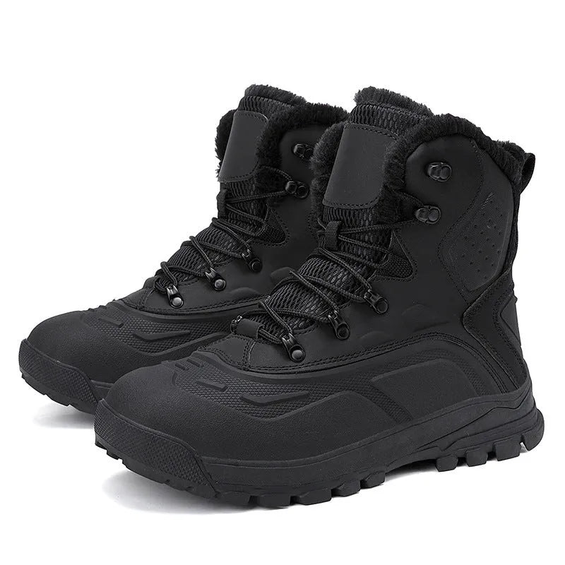 Men's black high-top boots with fleece lining and lace-up front on a ribbed sole.