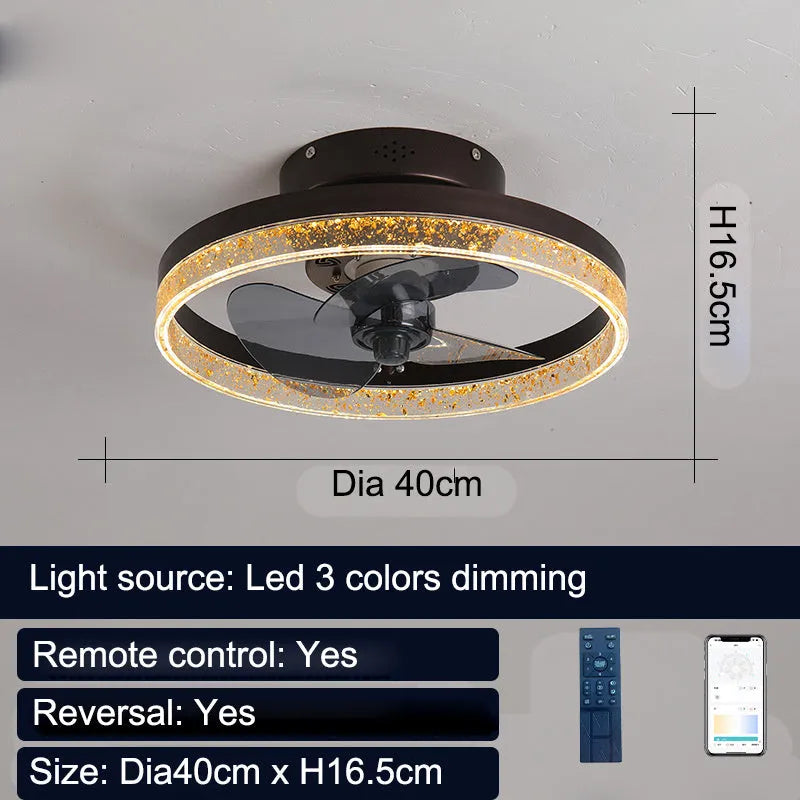 Nordic design remote control ceiling fan lamp with light, 50cm diameter in coffee gold finish.