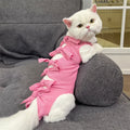 Cat wearing pink sterilisation recovery clothing with lace-up closure after surgery