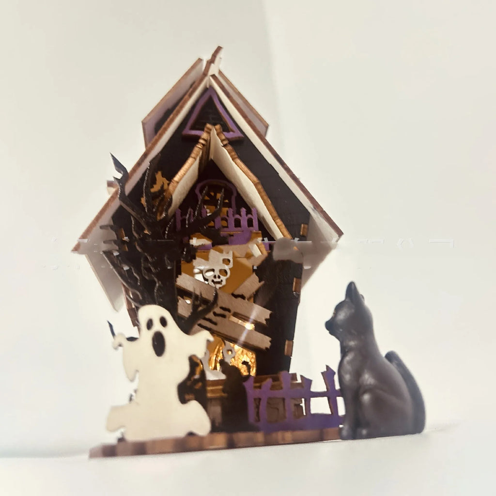 Wooden DIY haunted house decoration kit for Halloween with dimensions 14cm by 10.5cm by 19cm