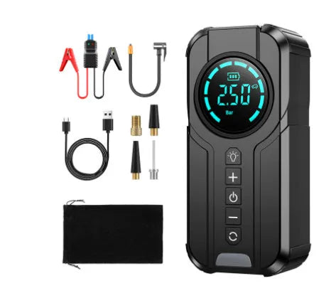 Portable wireless car air pump with power cable and multiple nozzle attachments