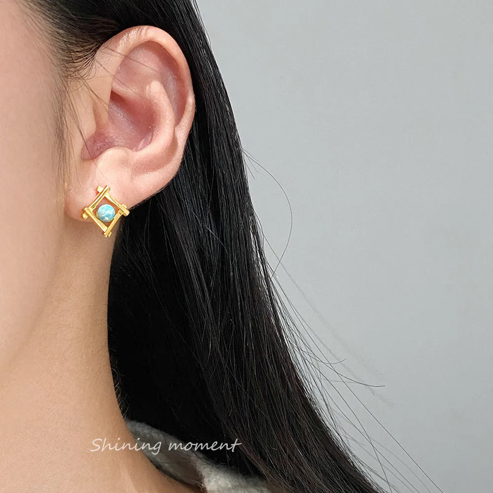 Geometric cross quadrangle stud earrings in sterling silver with gold or silver plating