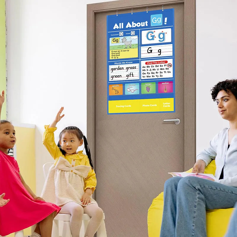 Children's alphabet learning chart sleeve table with educational cards spread on 60x40cm wipe-clean surface