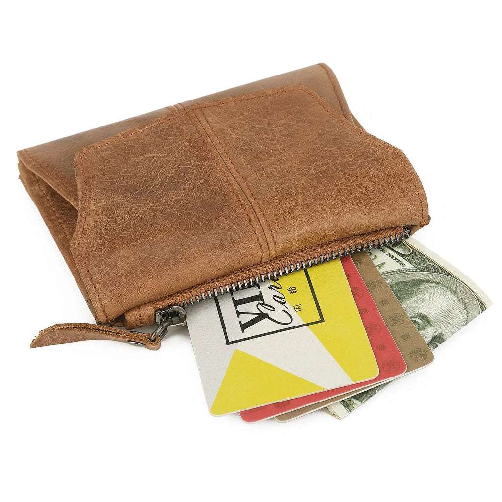 Genuine leather coin purse in retro style with stitching detail and anti-theft function
