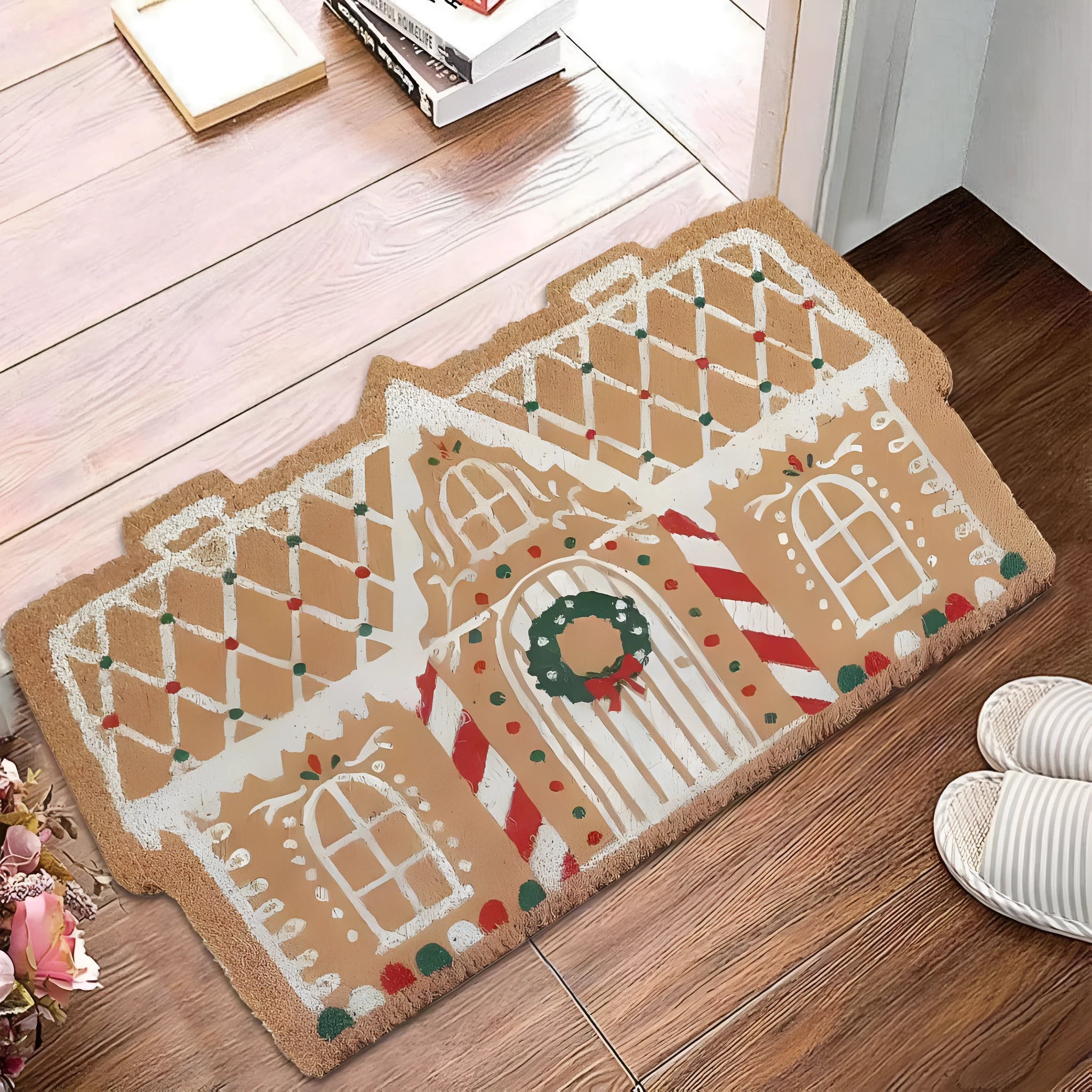 Christmas hallway mat with geometric festive patterns and non-slip backing in multiple size options