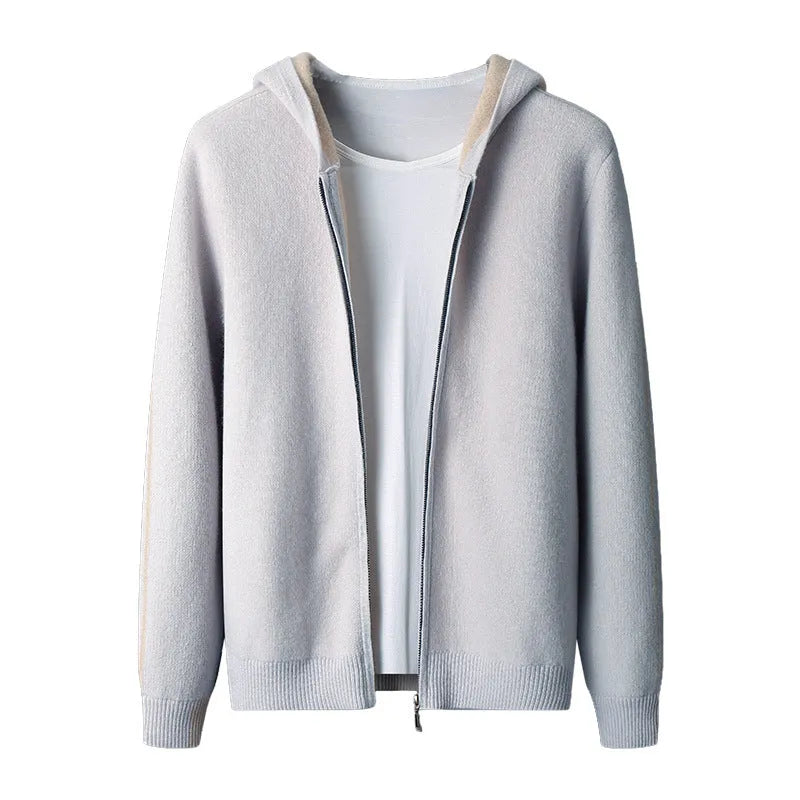 Men's dark blue cashmere half-high collar zip cardigan sweater with long sleeves