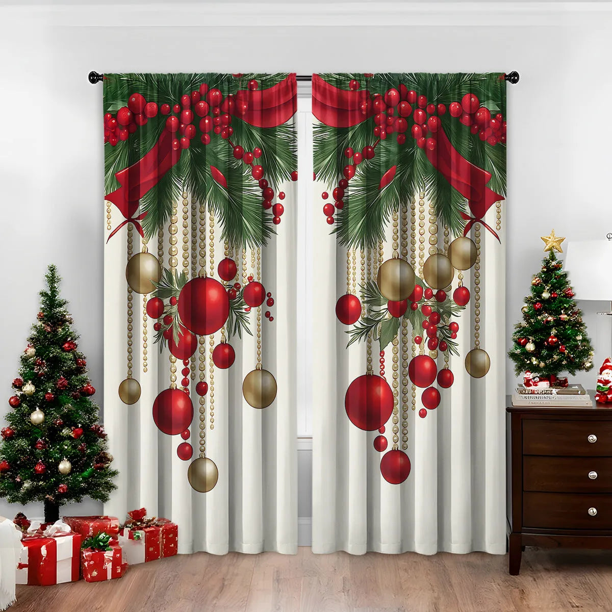 3D digital printed Christmas curtain in a modern European style, showing festive pattern and fabric texture.