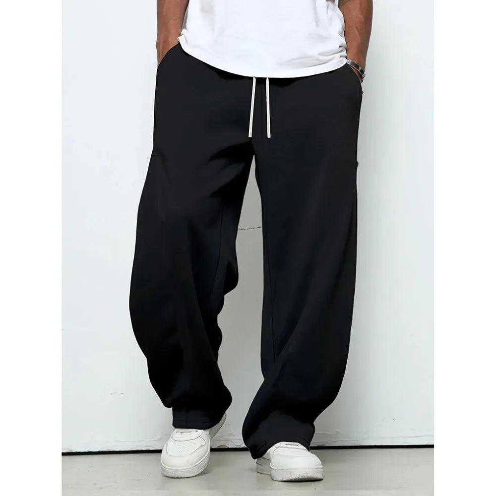 Men's straight-leg casual trousers in black polyester with a drawstring waistband