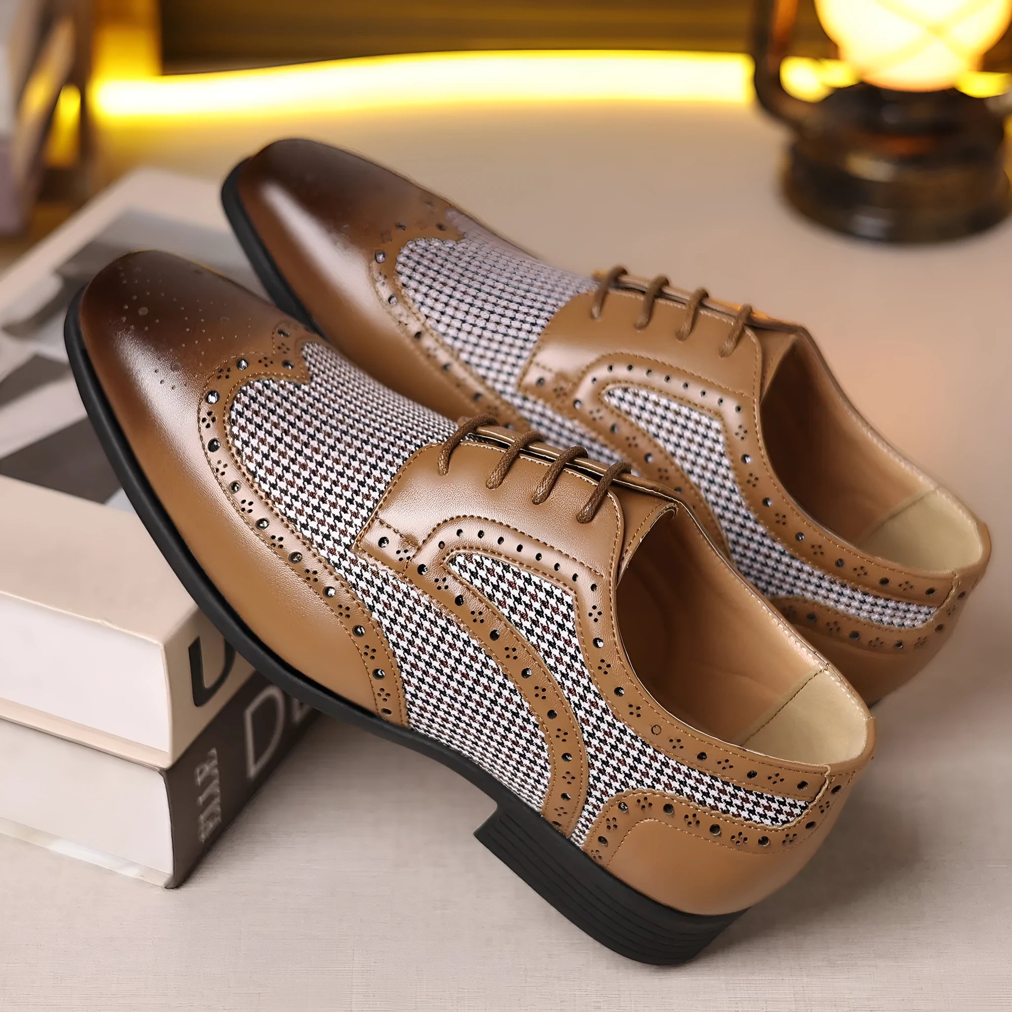 Men's houndstooth pattern casual shoes in black with a square toe and lace-up front.