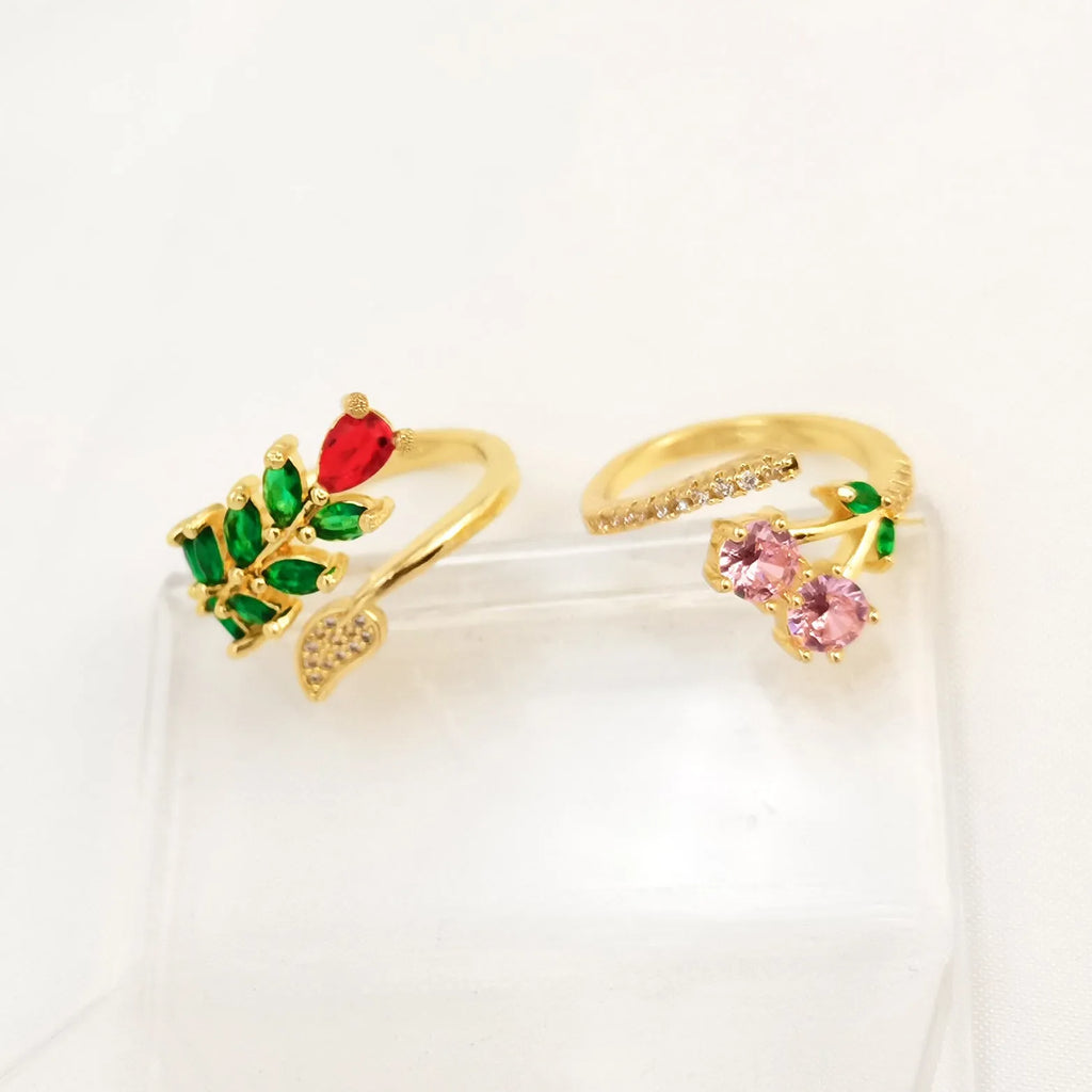 Women's open mouth copper ring with gold plating and zircon micro inlaid leaf geometric design