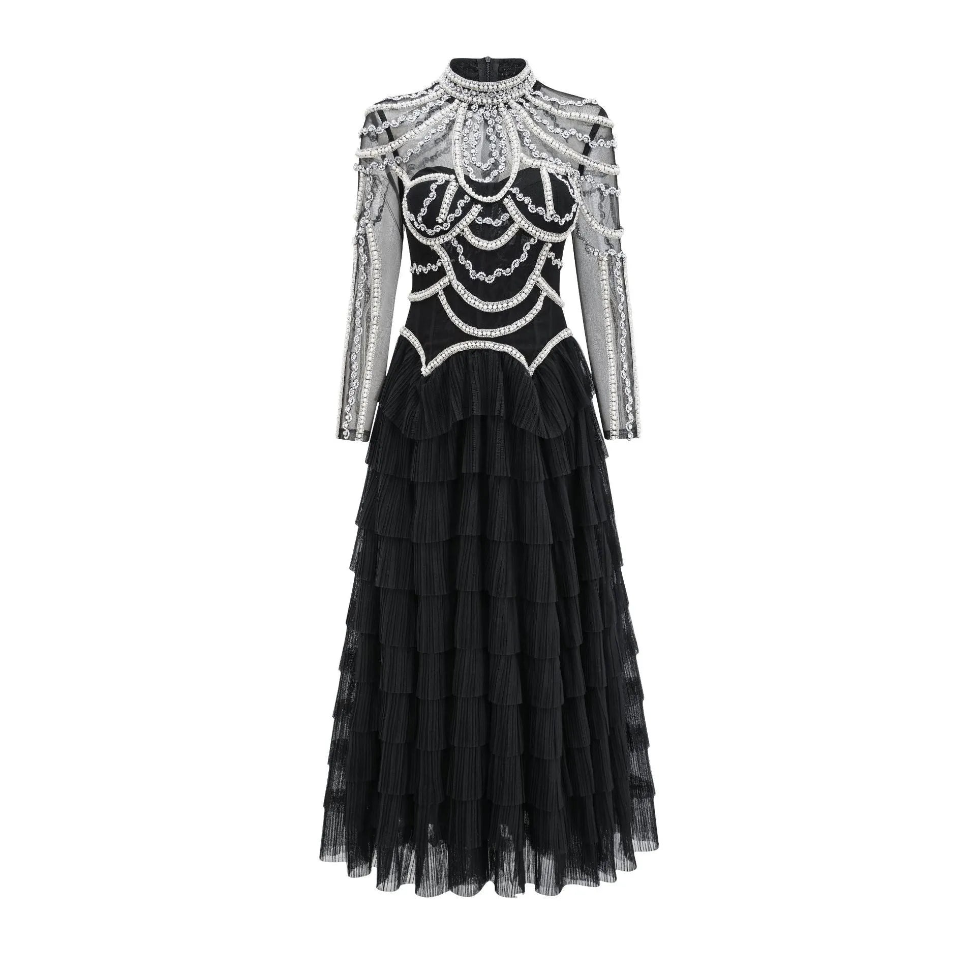 Black women's long sleeve formal dress with detailed beaded craftwork on the front.