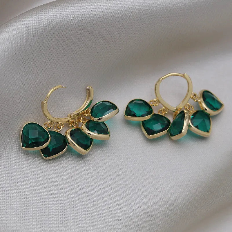 Green heart-shaped glass ear clip earrings with Korean style design and alloy accents