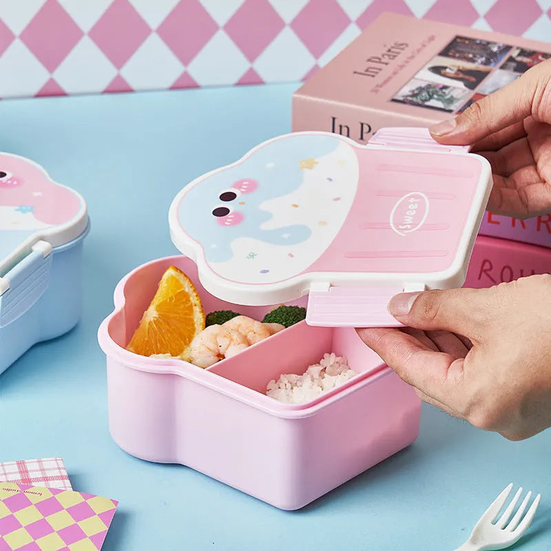 Ice cream shaped plastic lunch box with spoon and fork set in pink or blue colours
