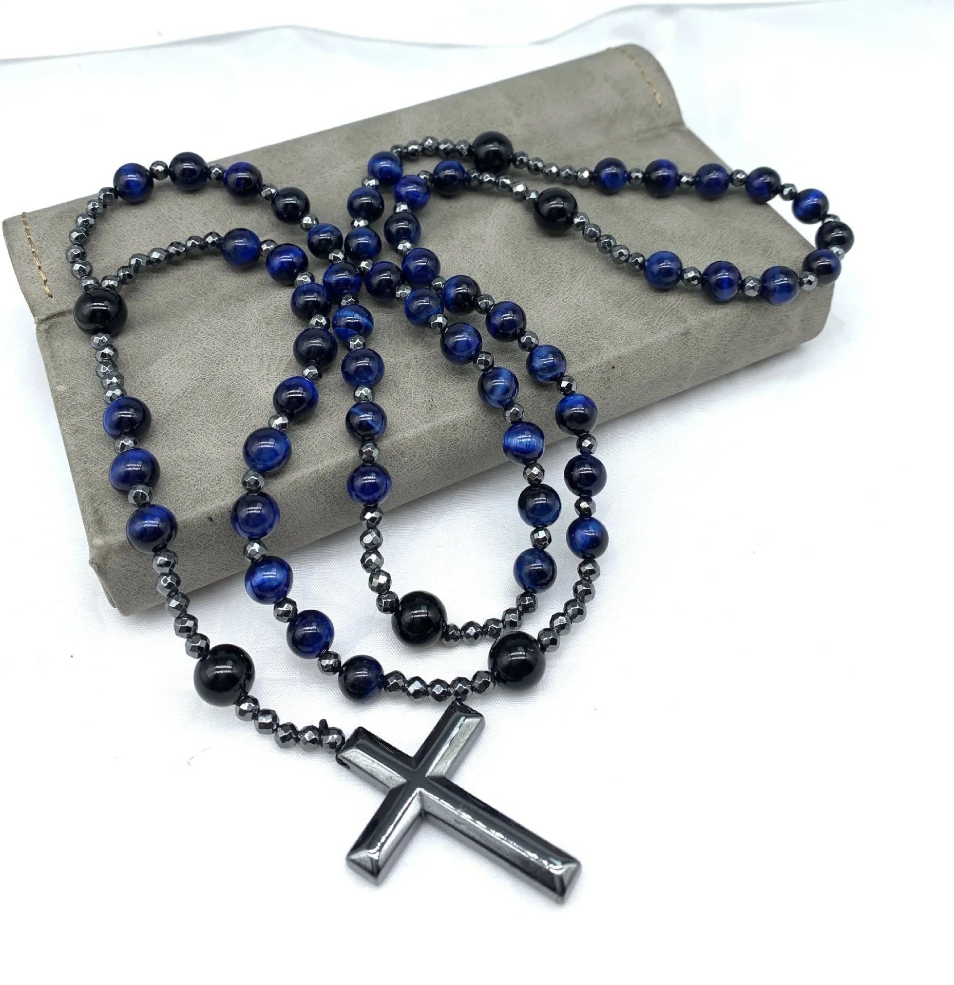 Men's stone cross pendant necklace on an 80cm ball bead chain with a safety lock