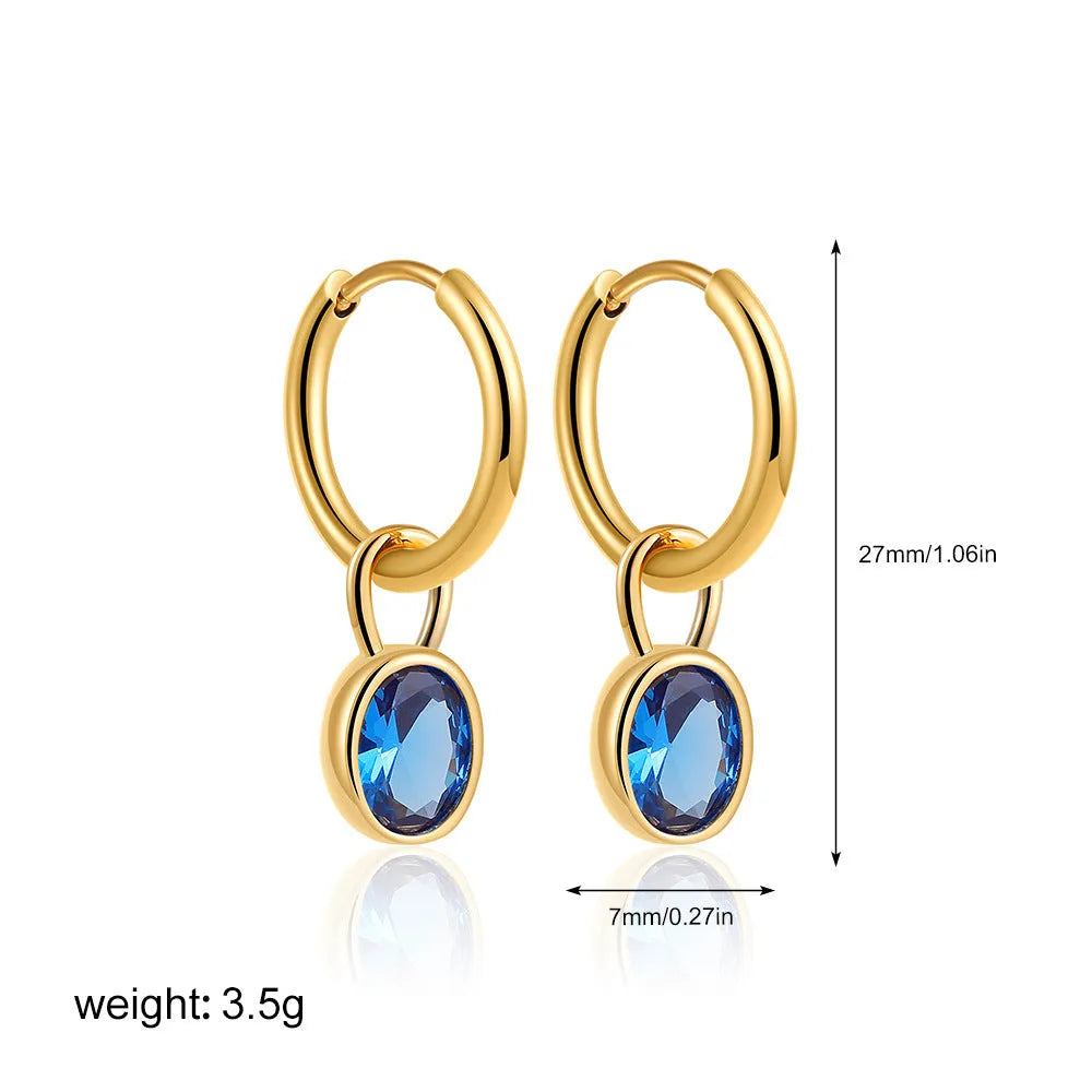 Women's retro oval zircon earrings in copper with ellipse detailing shown in six colour variants