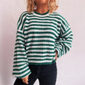 Women's striped loose fit pullover sweater in black, red, khaki, or green