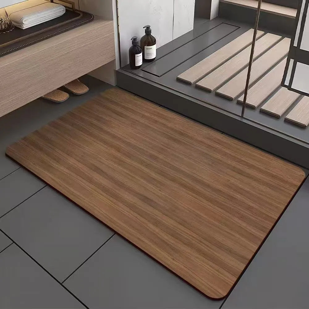 American-style square diatom ooze floor mat with a wood grain geometric pattern, shown in a bathroom setting.