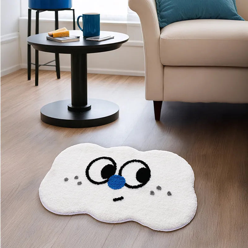 Cartoon anime patterned bathroom mat in soft colours, available in multiple sizes on a bathroom floor.