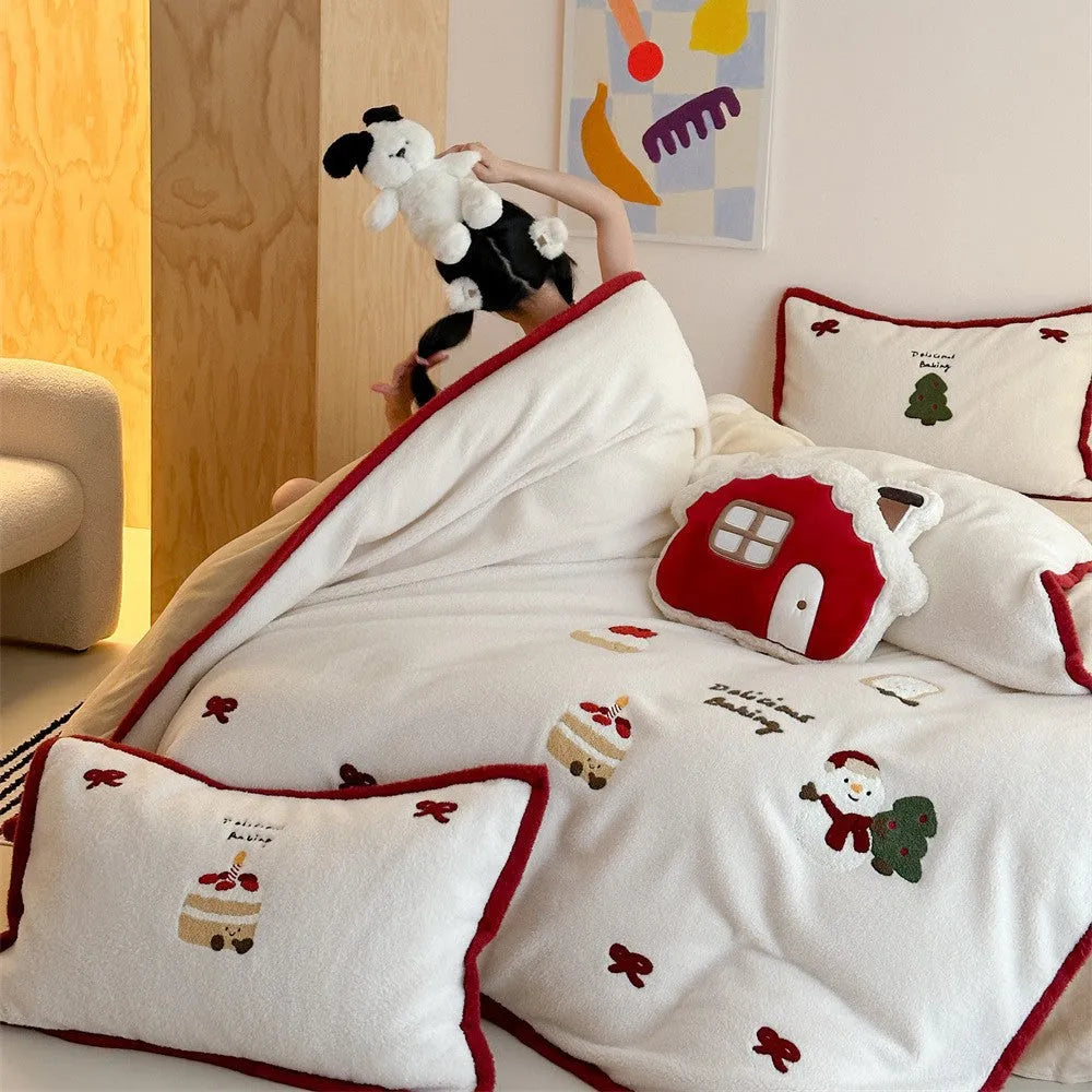 Girl's Christmas cartoon bedding four-piece set with Snow House Milk Pastry pattern on polyester fabric