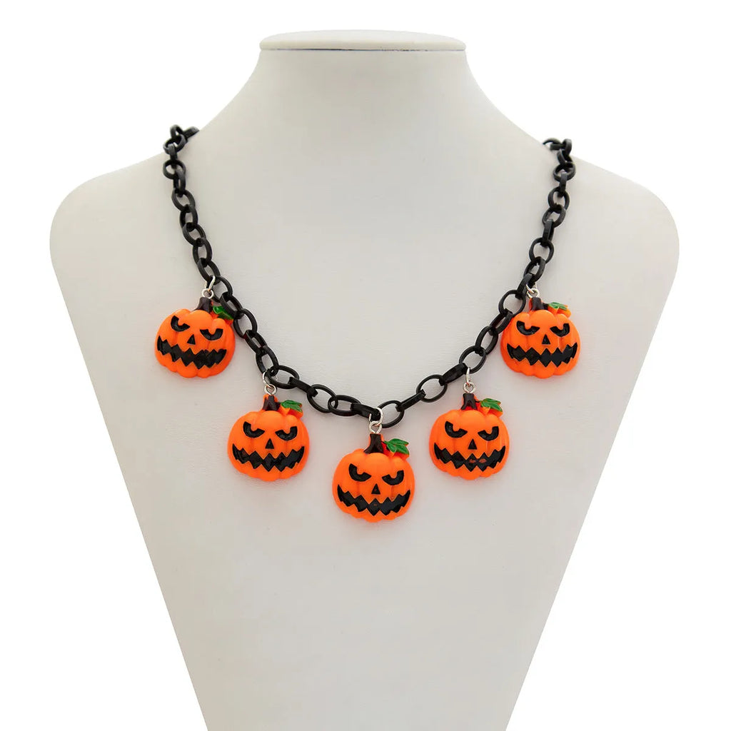 Mixed colour pumpkin ghost Halloween necklace with acrylic pendant on regular chain